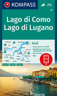 CARTA ESCURSIONISTICA N. 91. LAGO DI COMO, LAGO DI LUGANO, 1:50.000. EDIZ. ITALI - 